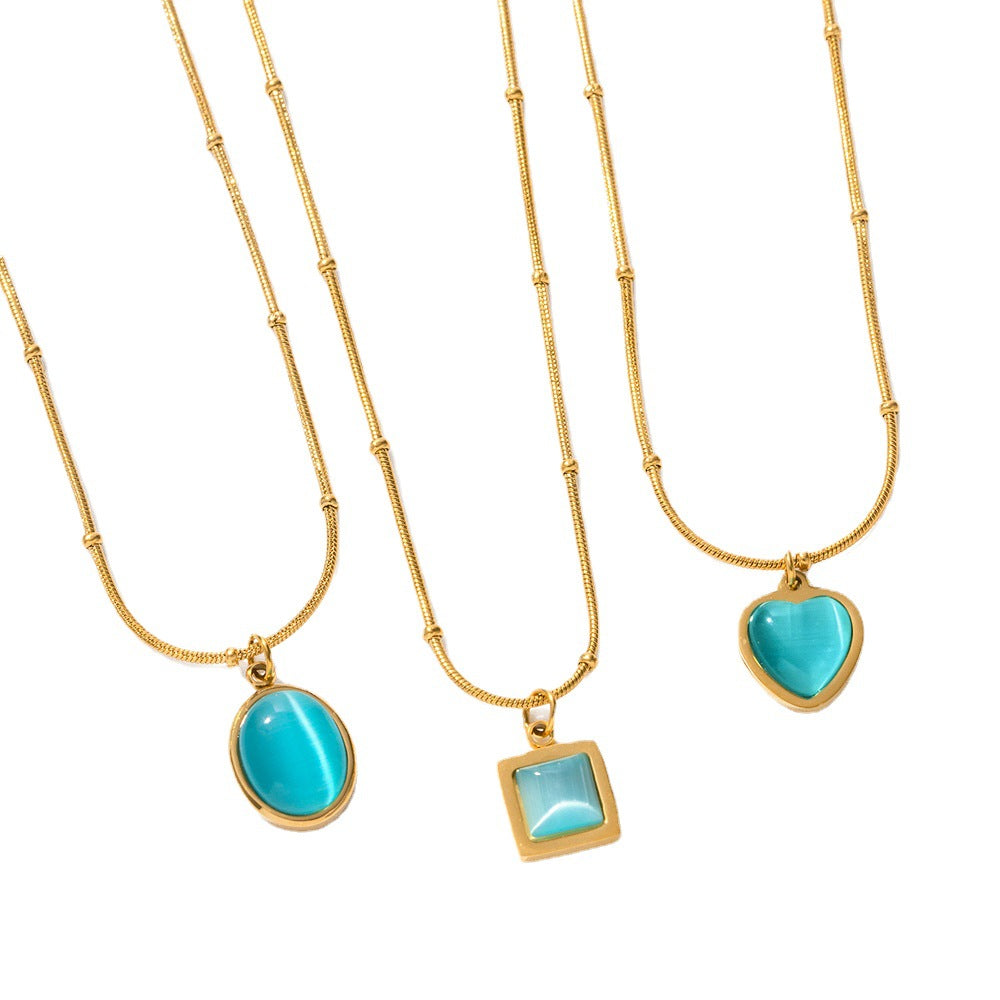 Collana pendente quadrata minimalista in acciaio inossidabile con pietra occhio di gatto blu, finitura galvanizzata per donna