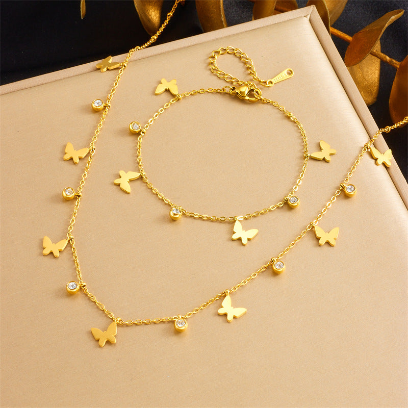 Minimalist Gold Plated Stainless Steel Butterfly Round Crown Eye Pendant Necklace and Bracelet Set for Women