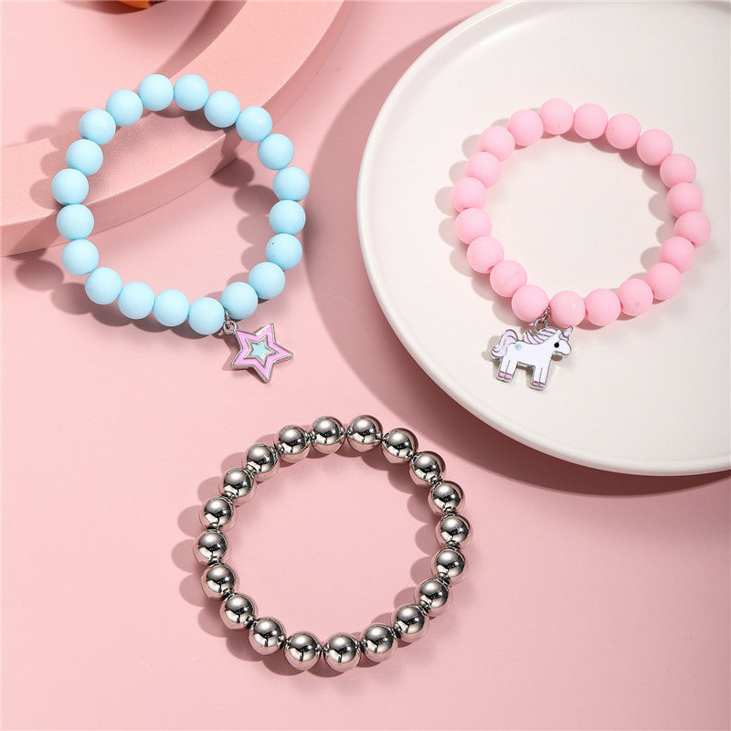 Cute Candy-Colored Beaded Bracelet with Cartoon Unicorn Pendant for Girls Children Sweet Animal-Shaped Resin Plastic Jewelry Set