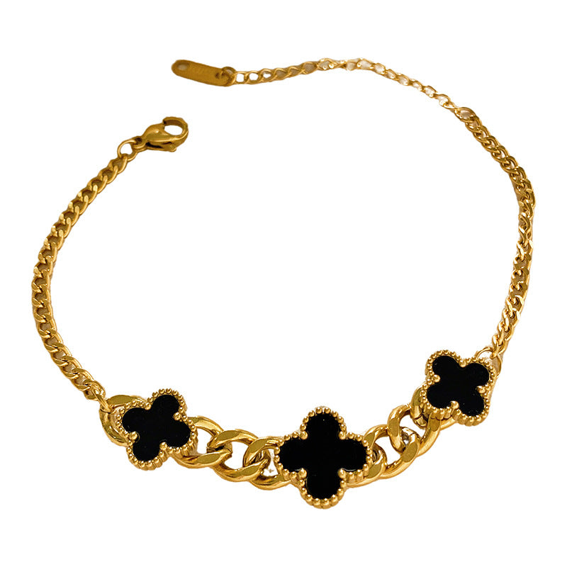 Black Four-Leaf Clover Floral Titanium Steel Plated Bracelet Unisex