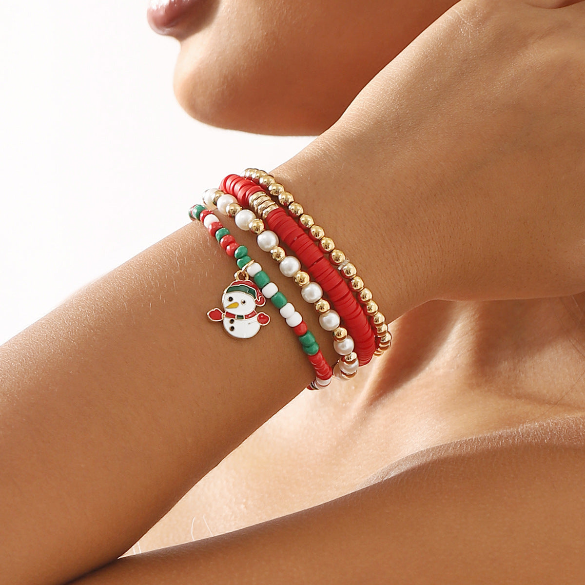 Cartoon Christmas Character Pendant Adjustable Beaded Bracelet with Snowflake and Santa Bell Accents for Women and Men