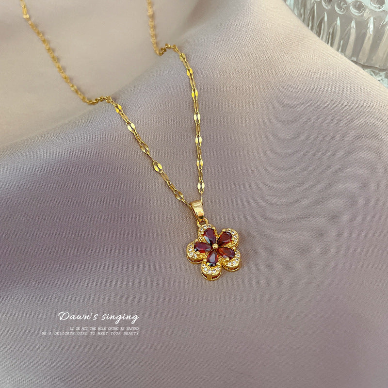Elegant Pomegranate Red Five-Petal Flower Pendant Necklace for Women Stainless Steel Delicate Clavicle Chain with Geometric Design and Natural Floral Motif