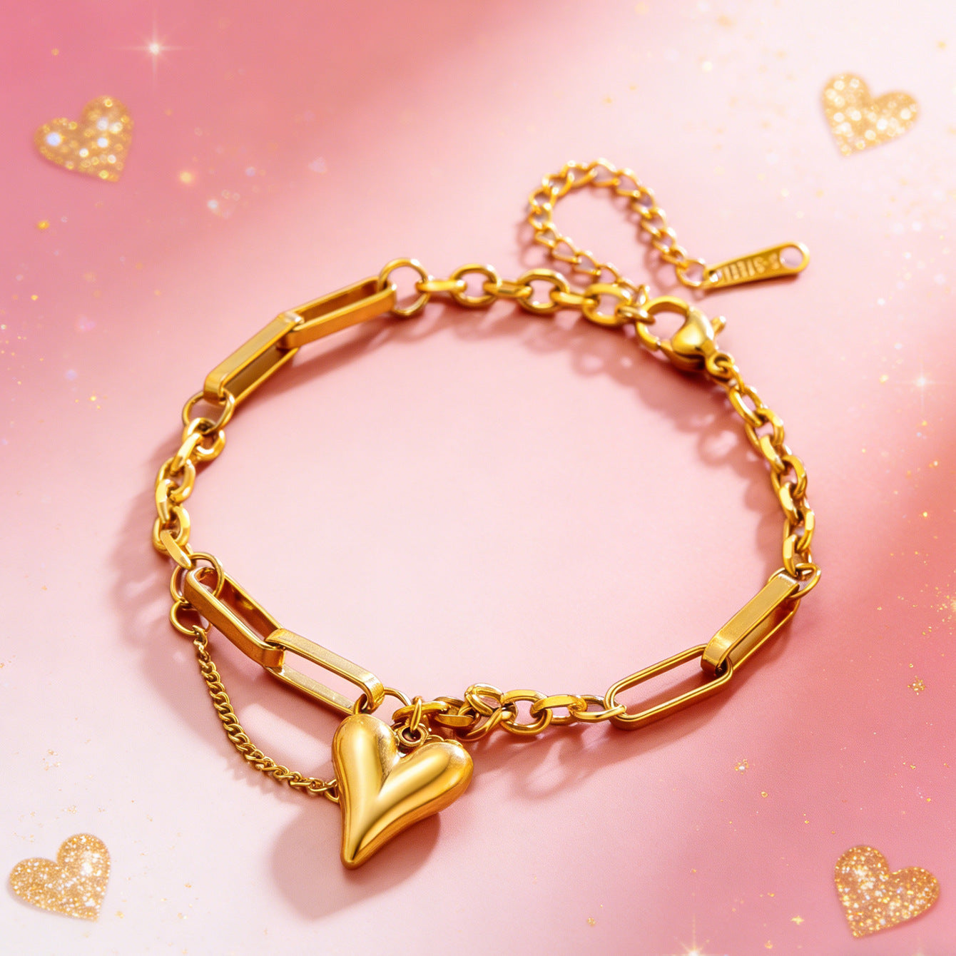 Bracciale da donna a catena in acciaio inossidabile e titanio placcato oro 18 carati vintage con cuore