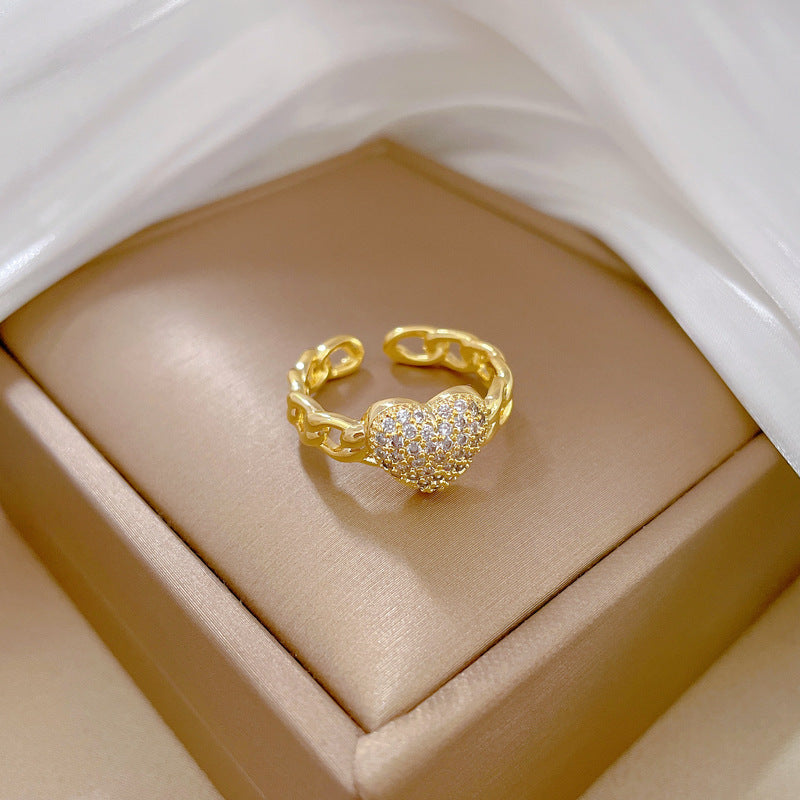 Minimalist Gold-Plated Brass Open Heart Ring with Zircon Inlay for Women Fashion Statement Ring