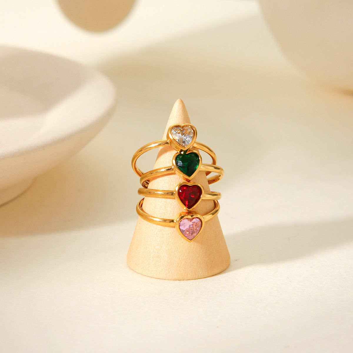 Anello Aperto da Donna Francese Lusso Leggero a Cuore con Strass Intarsiato in Acciaio Inox Placcato Oro 18K