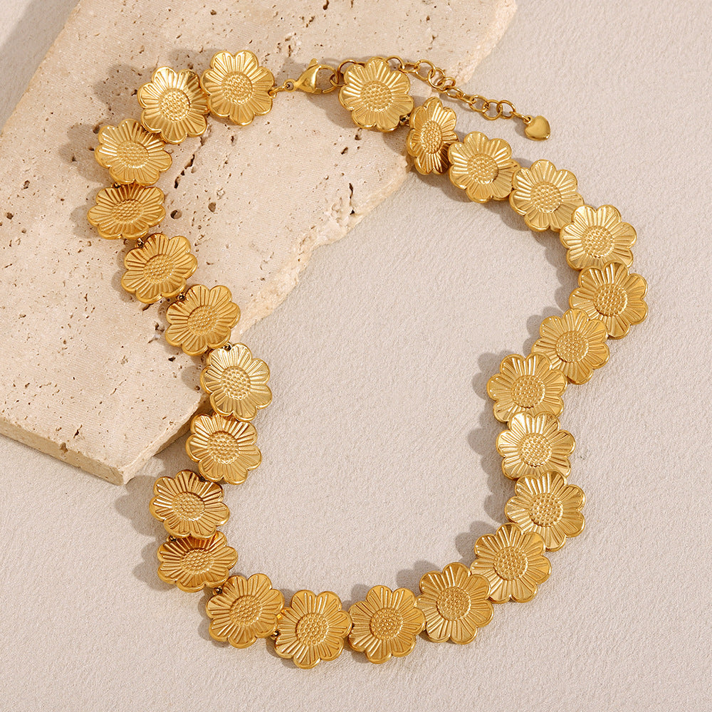 Collana con pendente floreale e bracciale da donna, in acciaio inossidabile con placcatura in oro 18 carati, design a catena a O