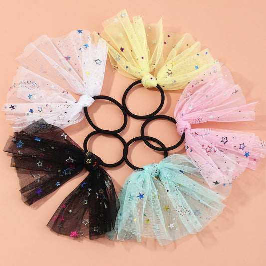 Fermacapelli vintage coreano con stella e fiocco per bambine, con tulle e paillettes
