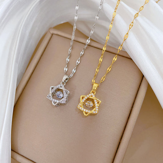 Minimalist Hexagram Pendant Necklace in Titanium Steel with Rhinestone Inlay for Women and Unisex, Delicate Clavicle Chain
