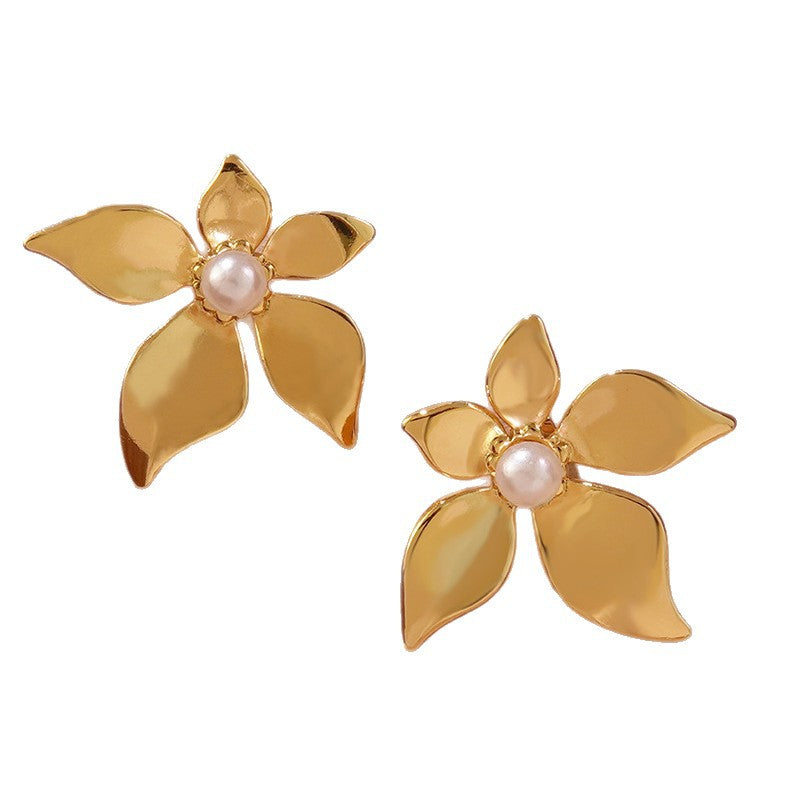 Elegant Floral Pearl Stud Earrings Stainless Steel Flower Design for Women