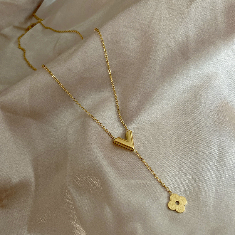 Minimalist Titanium Steel V Letter Flower Tassel Necklace