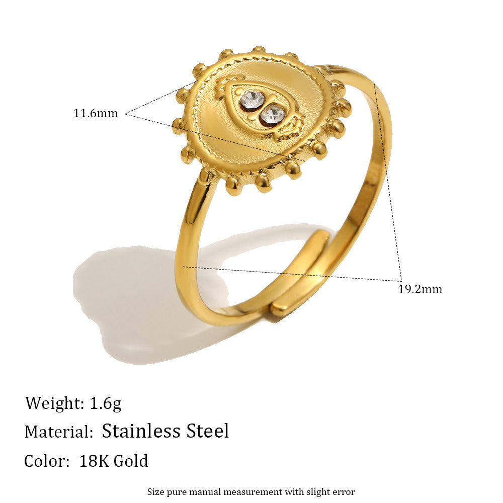 Elegant Luxury 18K Gold Plated Stainless Steel Round Geometric Rhinestone Open Ring for Women