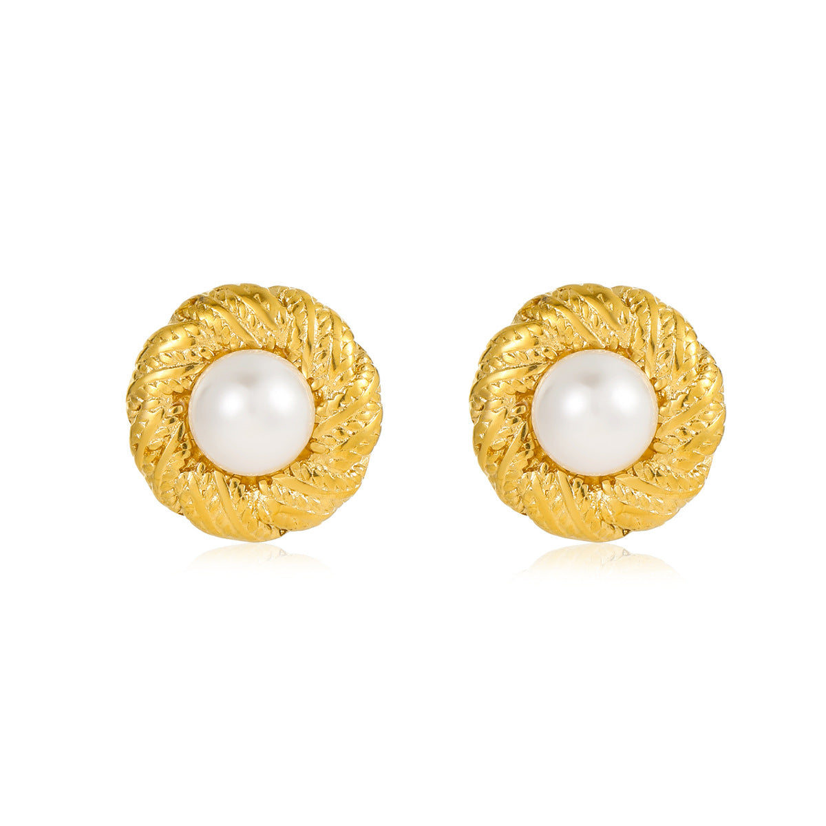 Vintage Geometric Stainless Steel Stud Earrings with Pearl Inlay for Women