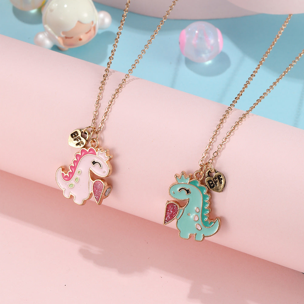 Collar con colgante de dinosaurio de dibujos animados para niños y adultos con cierre magnético, diseño de animal en forma de corazón de aleación, acabado esmaltado, estilo de cadena cruzada