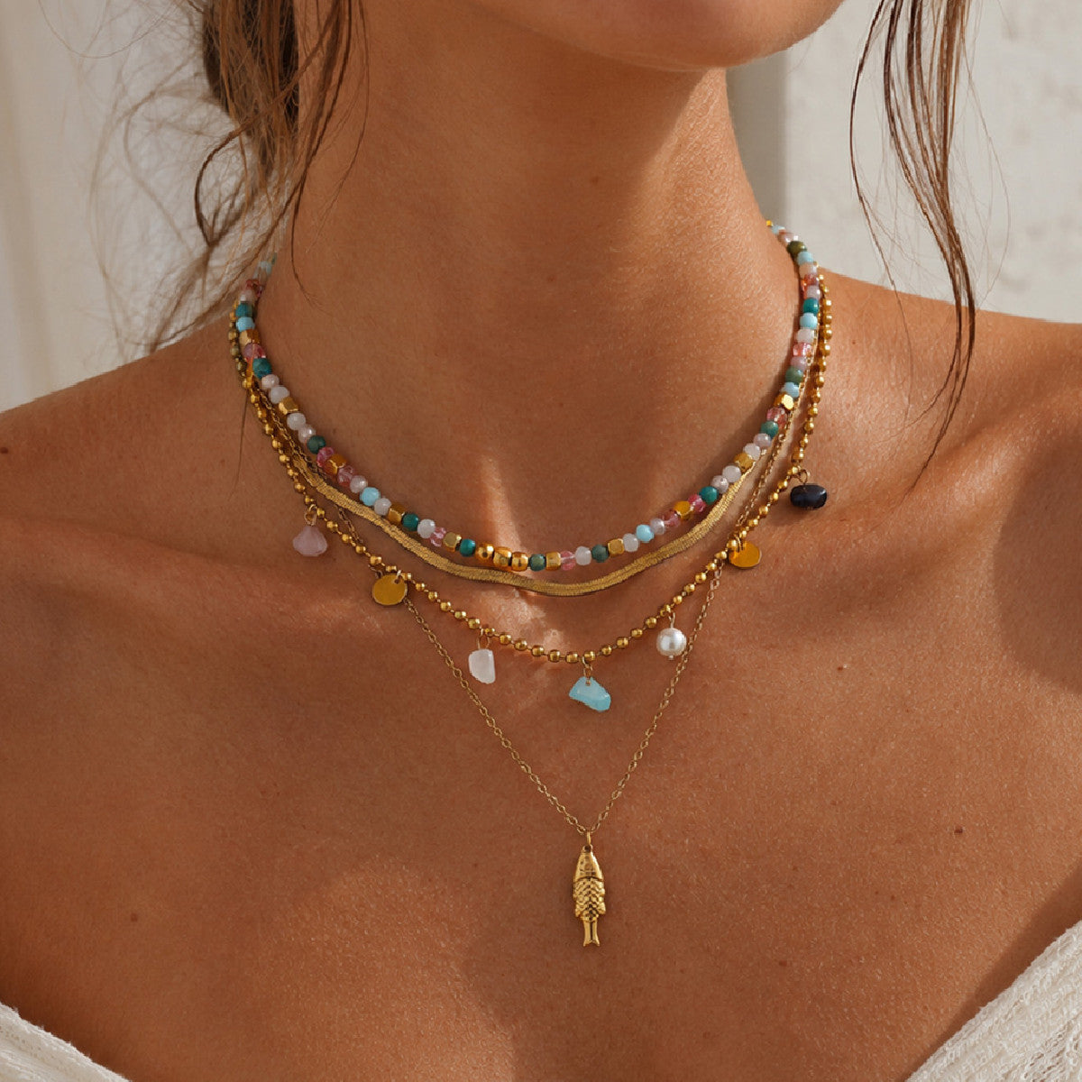 Sweet Colorful Crystal Bead Snake Chain Necklace with Stainless Steel Fish Pendant for Women