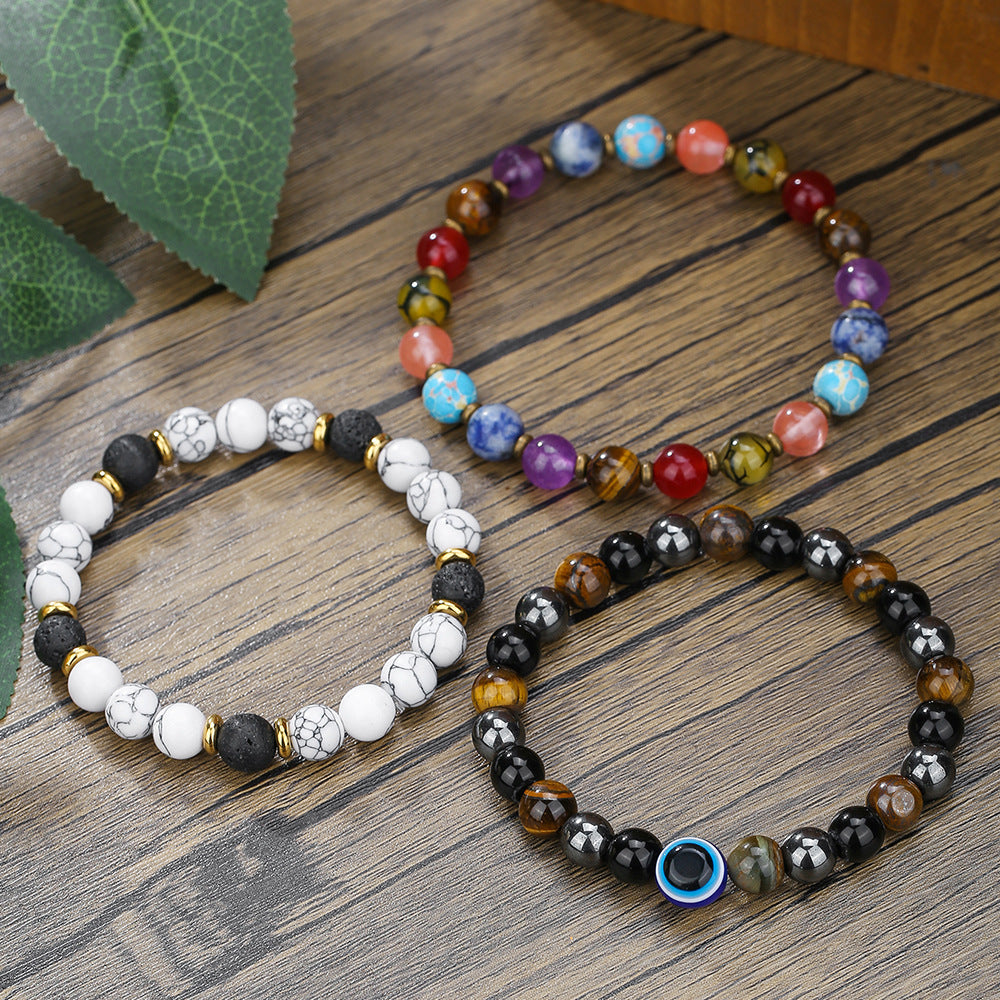 Bohemian Ethnic Geometric Natural Lava Stone and White Turquoise Stretch Bracelet with Love Meaning