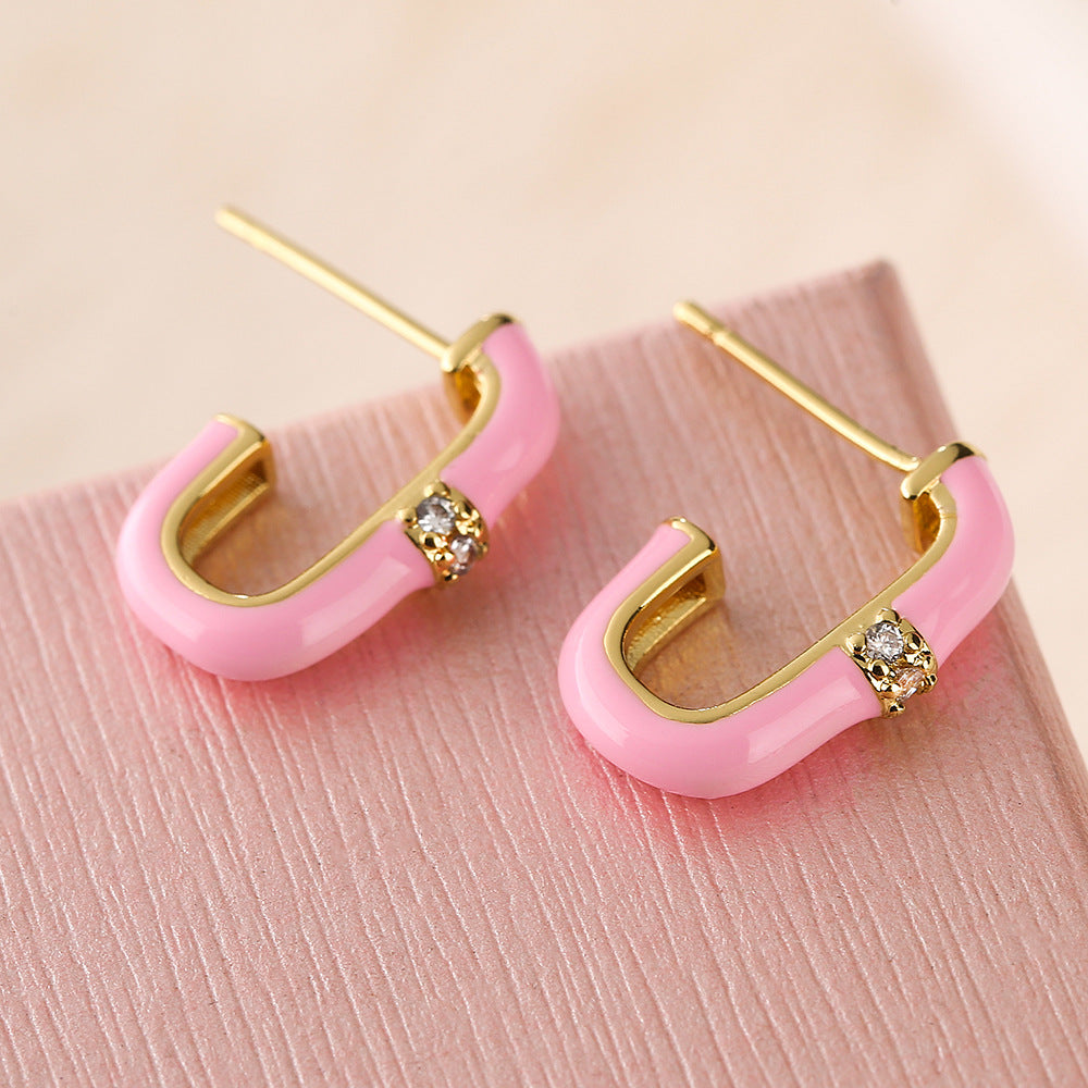 Geometric Candy-Colored Enamel Zirconia Stud Earrings for Women, Minimalist Fashion-Forward Ear Jewelry with Micro-Pave Setting