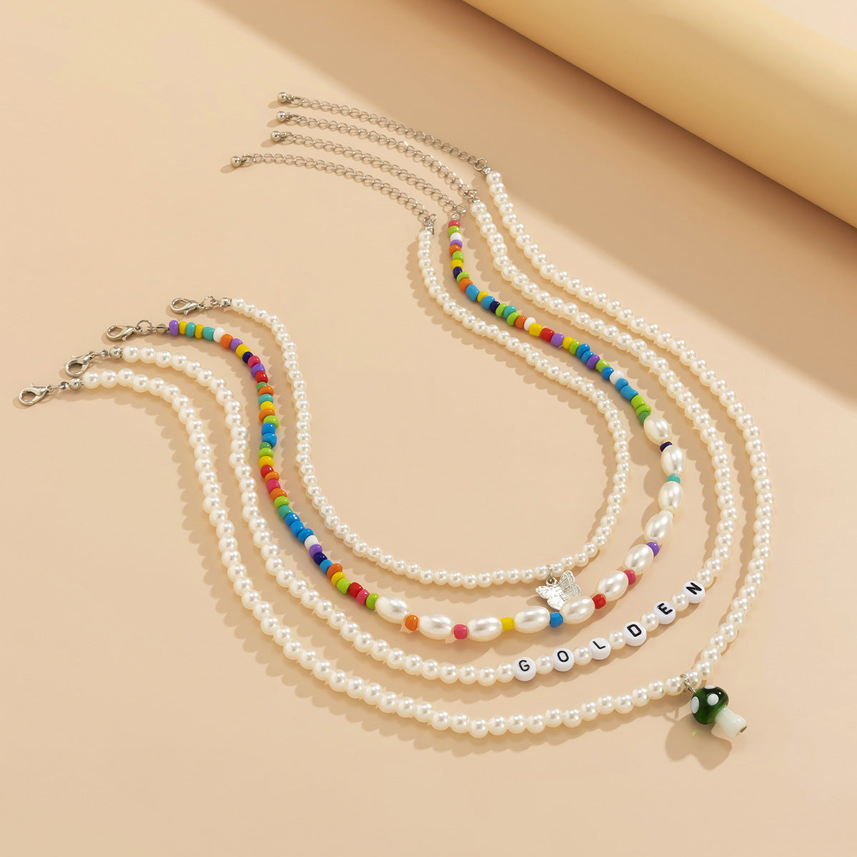 Sweet Vintage Butterfly Letter Acrylic Pendant Pearl Beaded Ball Chain Necklace for Women
