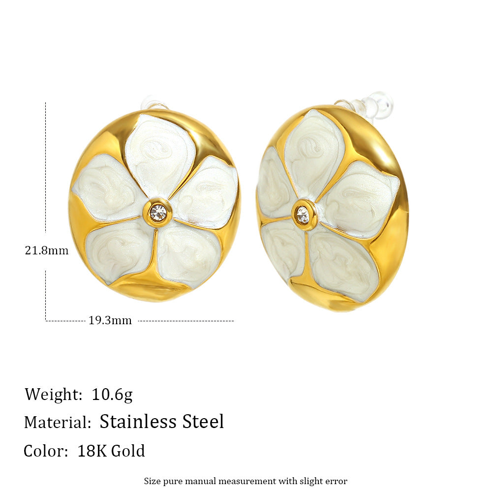 Fashionable Geometric Stainless Steel Plated 18K Gold Zircon Flower Pearl Clip-On Earrings for Women