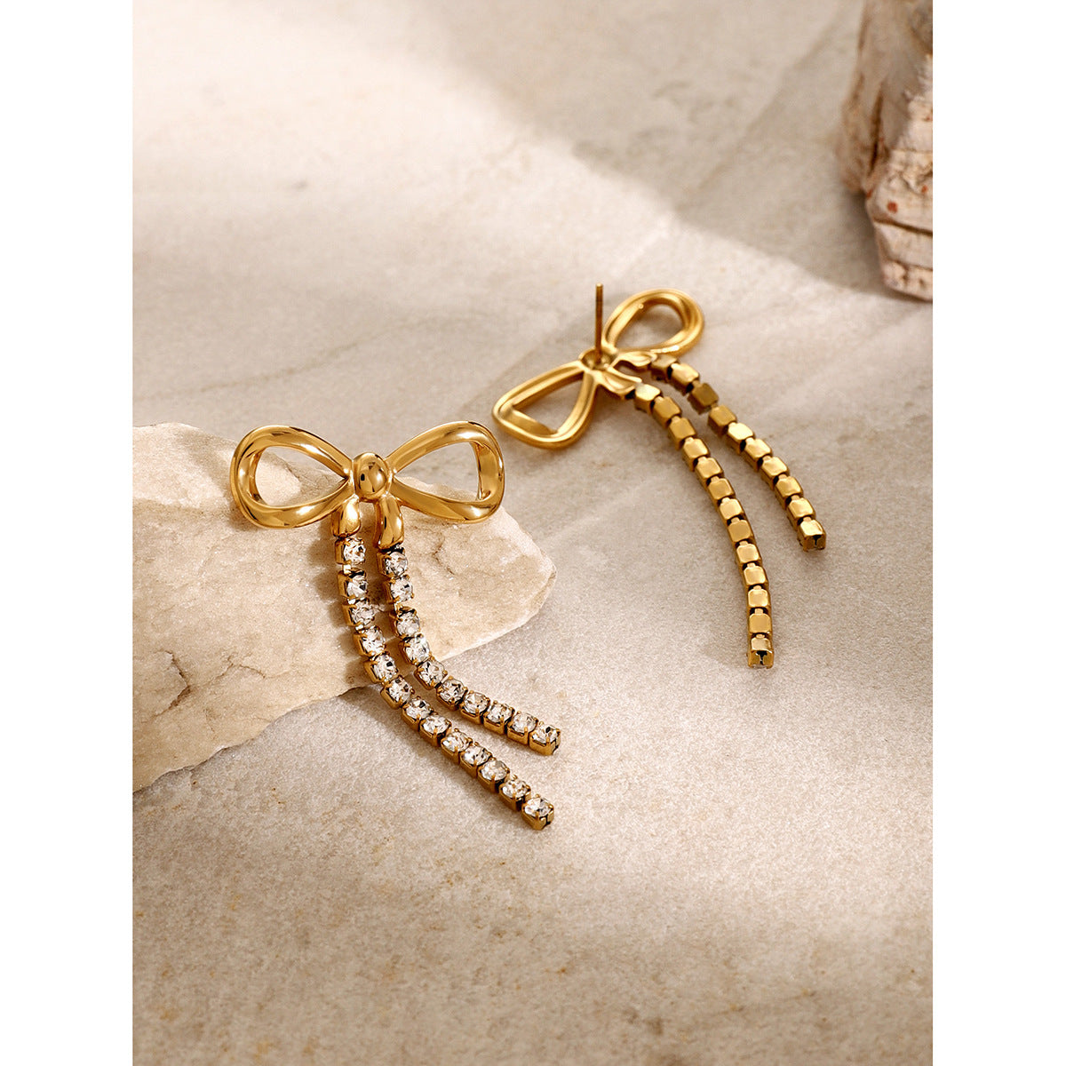 Minimalist 18K Gold Plated Stainless Steel Bow Rhinestone Chain Earrings for Women