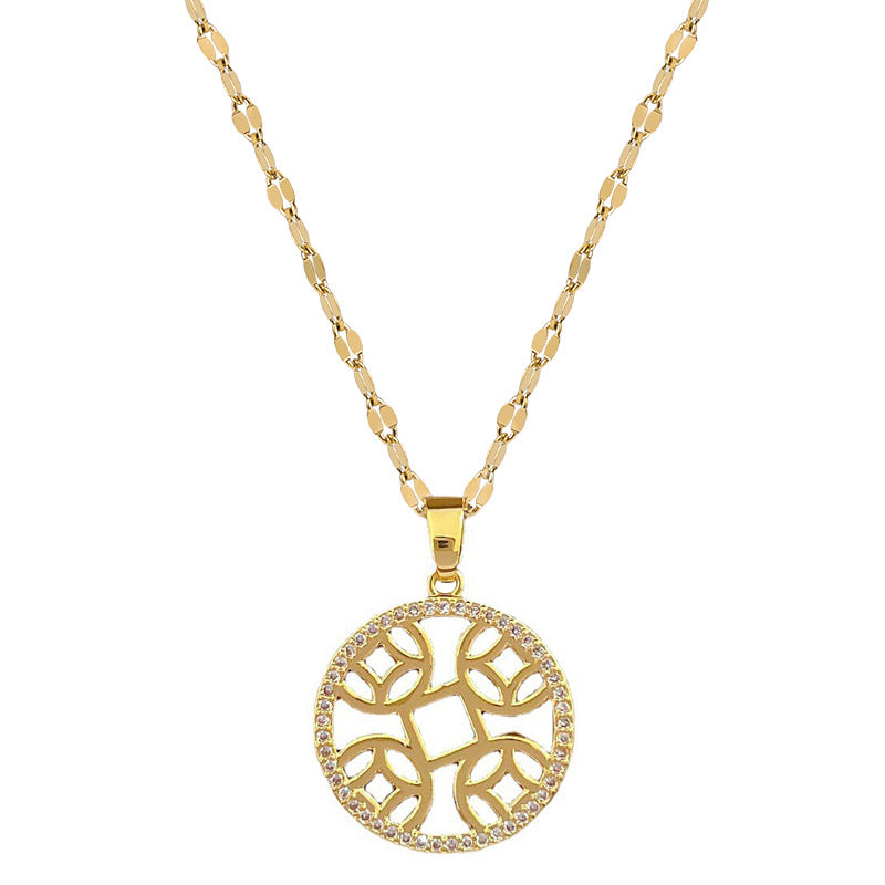 Collana con Pendente a Moneta Geometrico Minimalista in Acciaio al Titanio con Intarsi di Strass da Donna