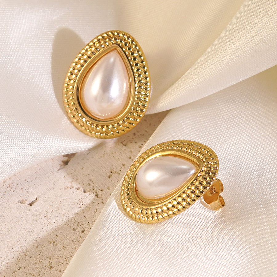 Vintage Geometric Oval Pearl Plated Stainless Steel Earrings for Women