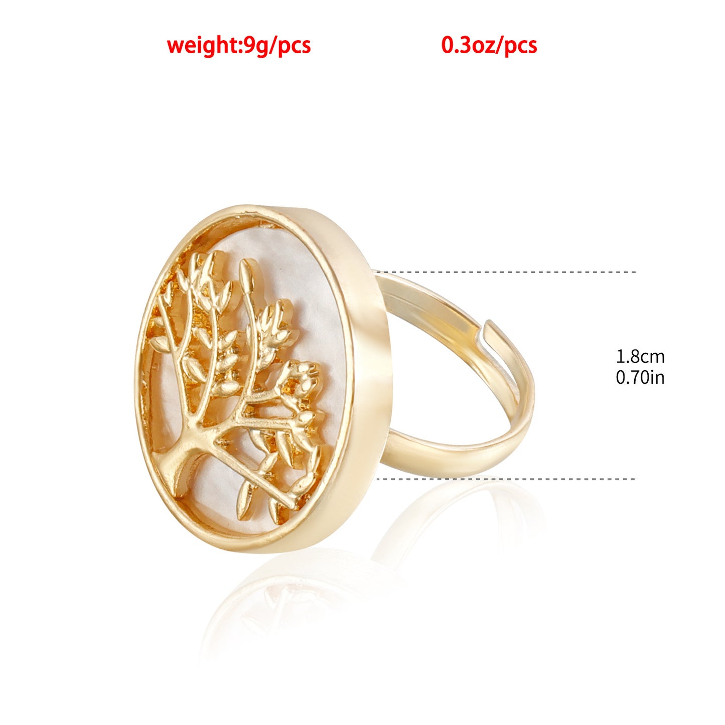 Anello Albero della Vita Geometrico Minimalista in Metallo con Finitura Galvanica, Fascia Regolabile Ispirata alla Madreperla Bianca