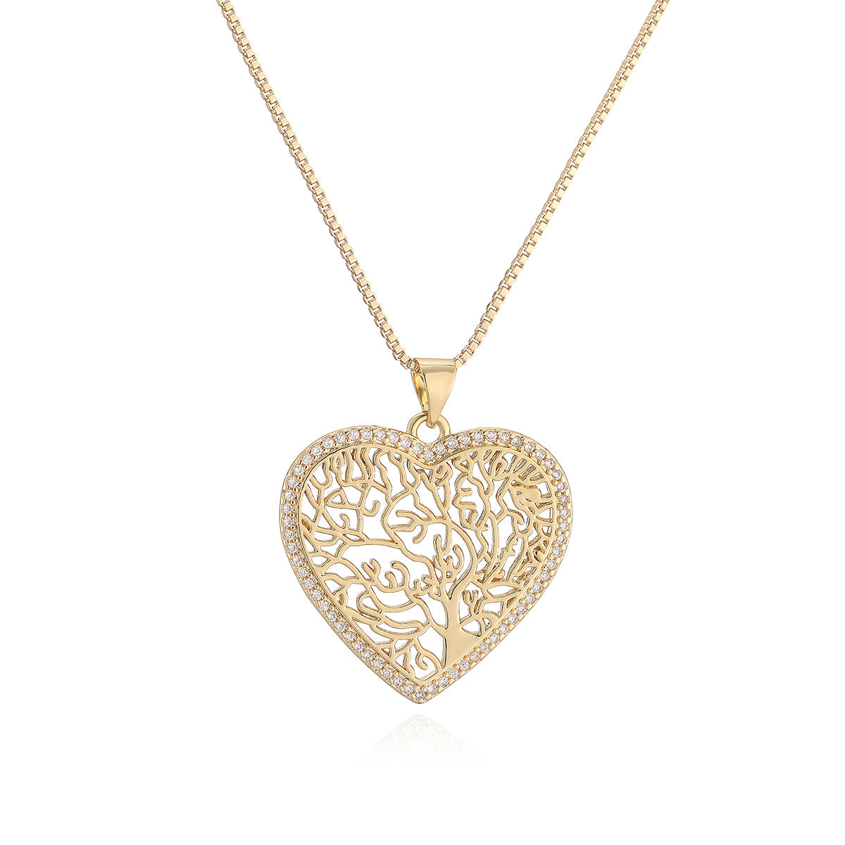 Minimalist Elegant 18K Gold Plated Brass Heart Tree of Life Pendant Necklace with Cubic Zirconia