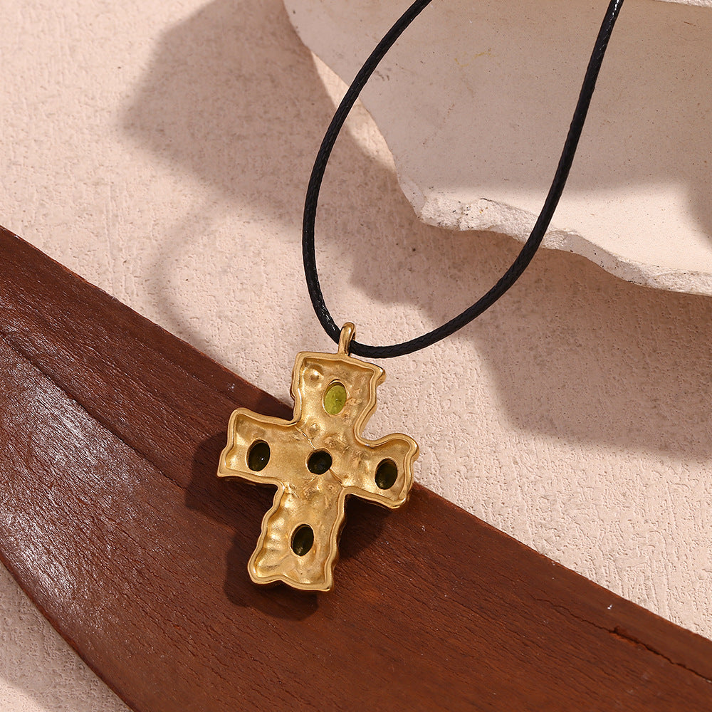 Vintage-Inspired Geometric Cross Pendant Necklace for Women Stainless Steel with 18K Gold Plating Hammered Texture Black Cord and Green Rhinestone Accents