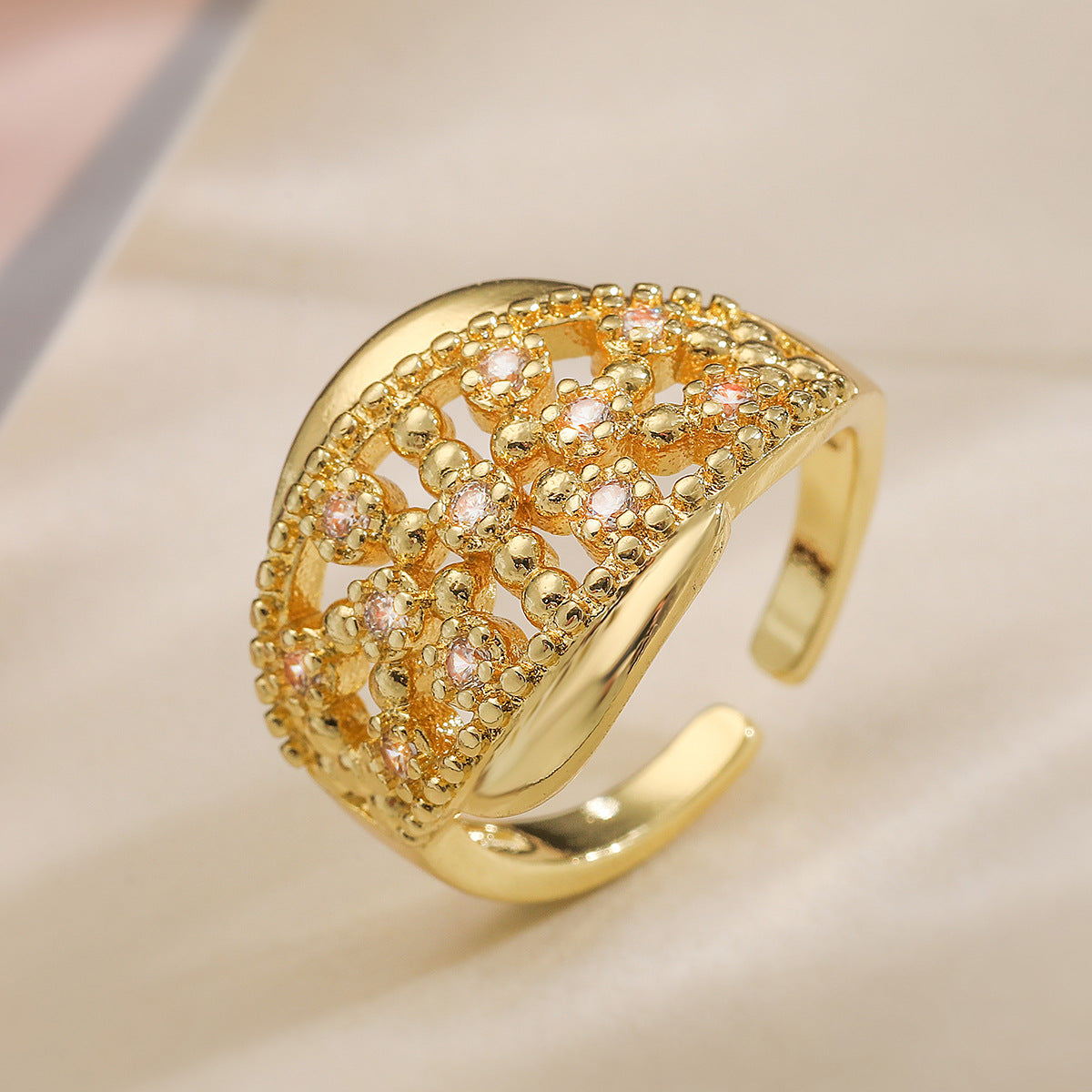 Minimalist Geometric Open Ring for Women in Brass with Real Gold Plating and Micro-Paved Zirconia