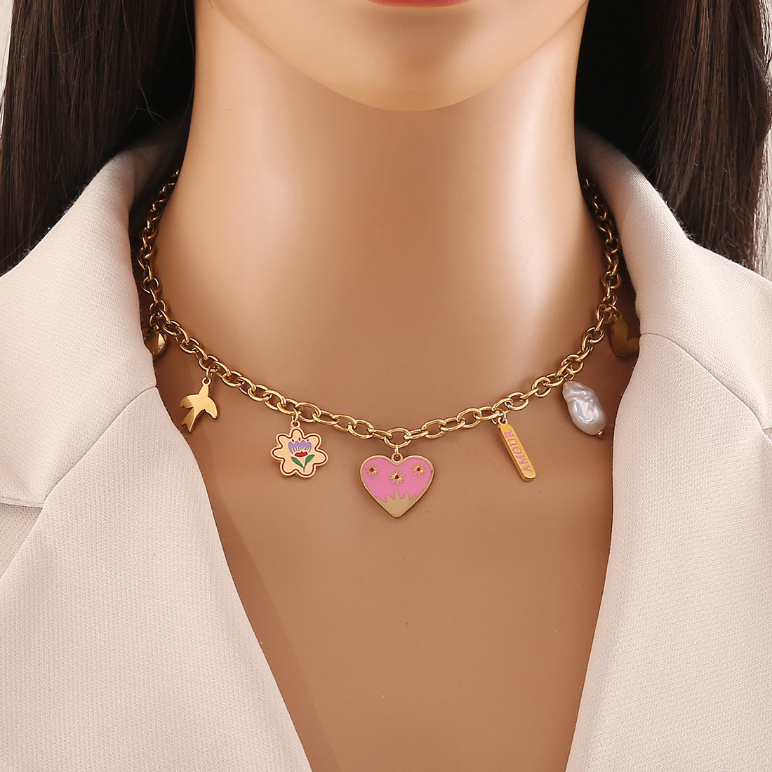 Collana con ciondolo a forma di cuore in smalto, stile OL, in acciaio inossidabile, alla moda, per donne
