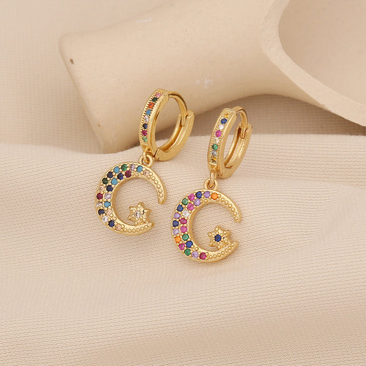 Fashionable Star and Moon Shaped Copper Earrings with Micro-Pavé Zirconia for Women