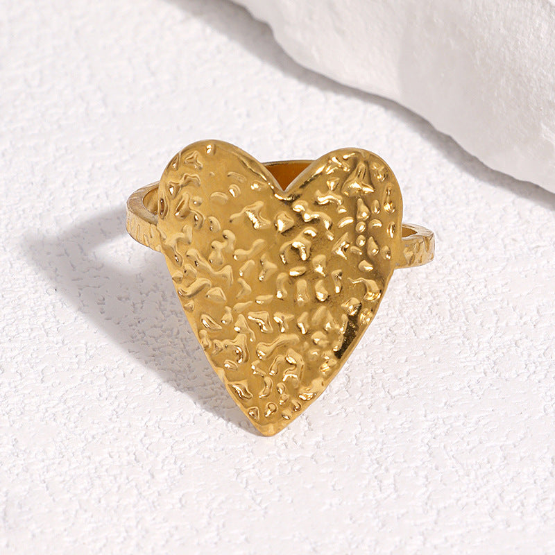 Sweet Hammered Heart Shaped Titanium Steel Ring Plated Finish
