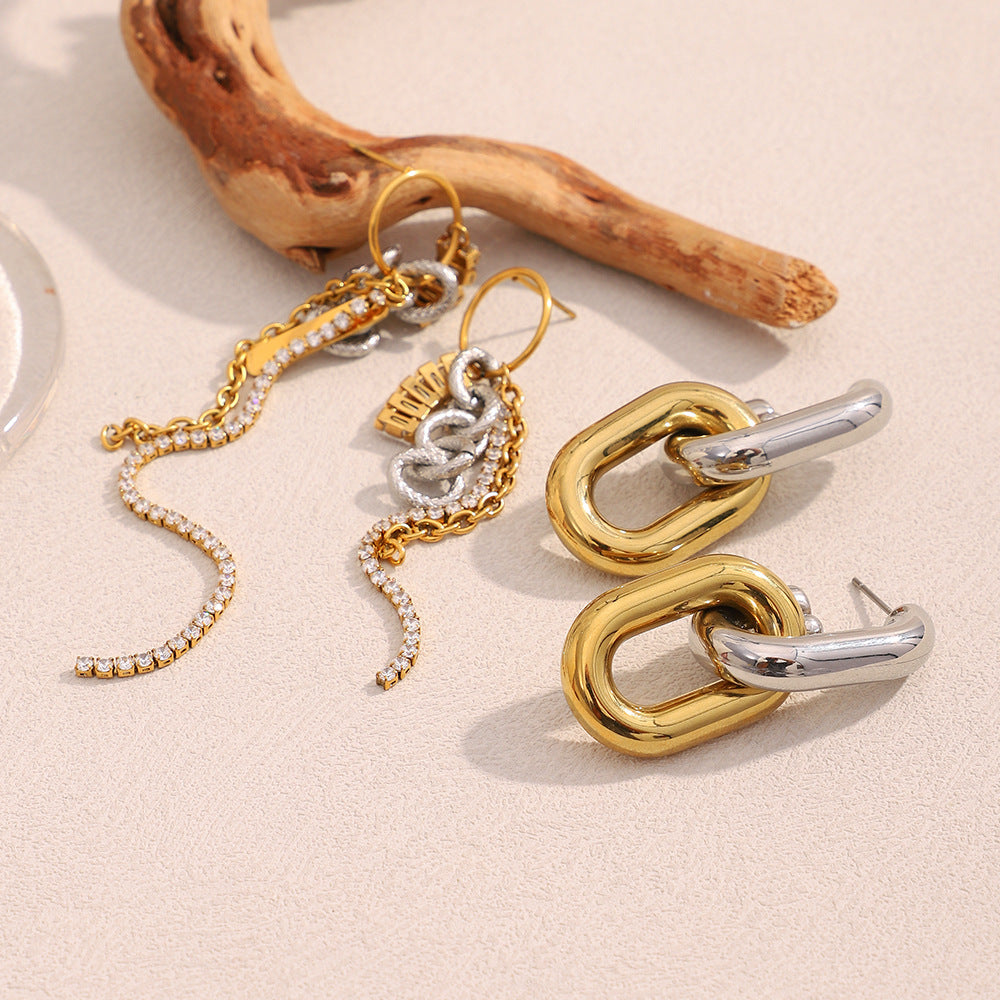 Orecchini a perno da donna a catena pendente vuota, in acciaio inossidabile con placcatura in oro 18 carati e accento in zircone, geometrici d'ispirazione vintage