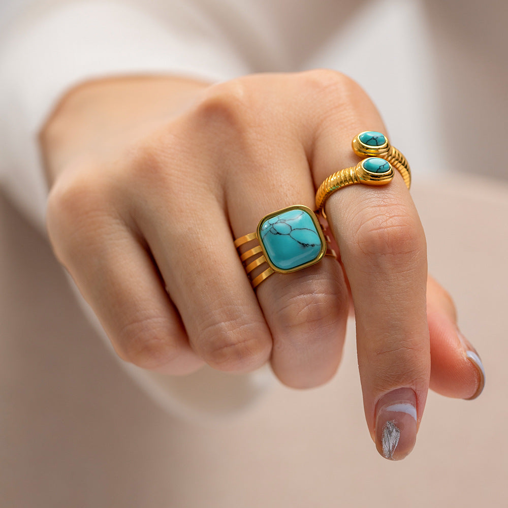 Minimalist Geometric Stainless Steel Ring with 18K Gold Plating and Lapis Lazuli Inlay Snake Design