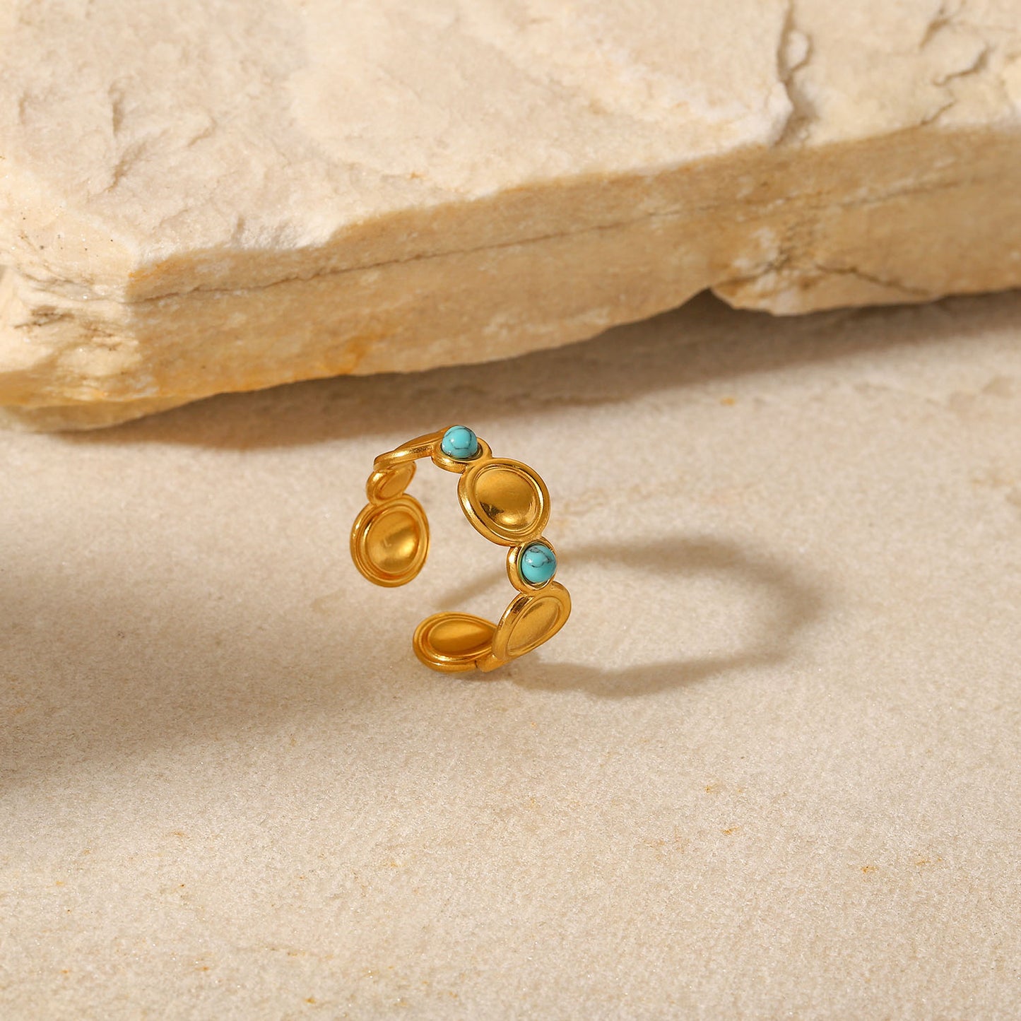 Anillo de acero inoxidable geométrico bohemio con incrustaciones de turquesa natural para mujer