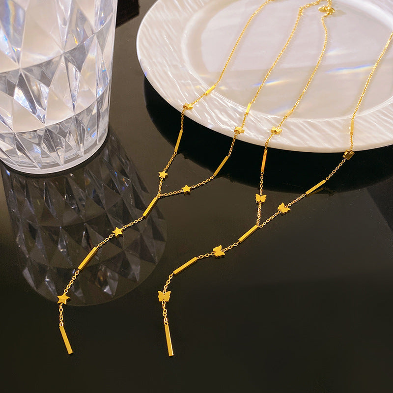 Sweet Mini Butterfly and Star Tassel Titanium Steel Necklace