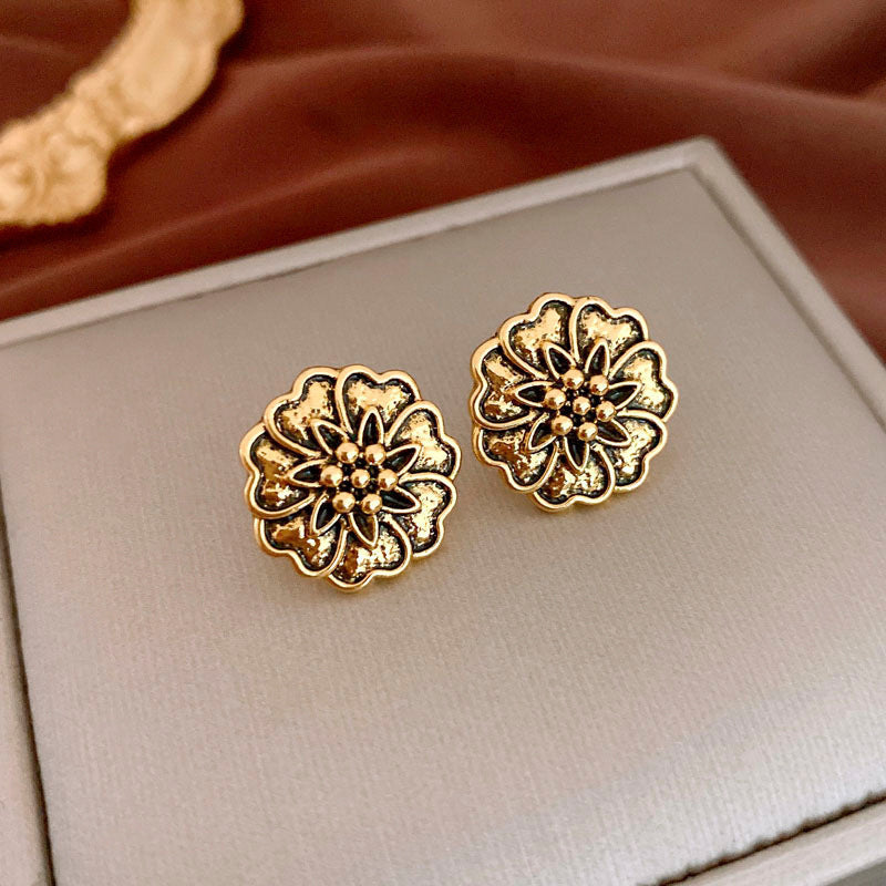 Orecchini da donna vintage floreali geometrici con perle, finitura smaltata, in rame placcato e perni in acciaio inossidabile