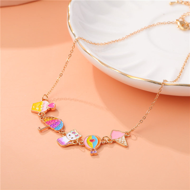 Collar de aleación con forma de animal estilo caricatura para niñas con acabado esmaltado, joyería infantil temática de princesa