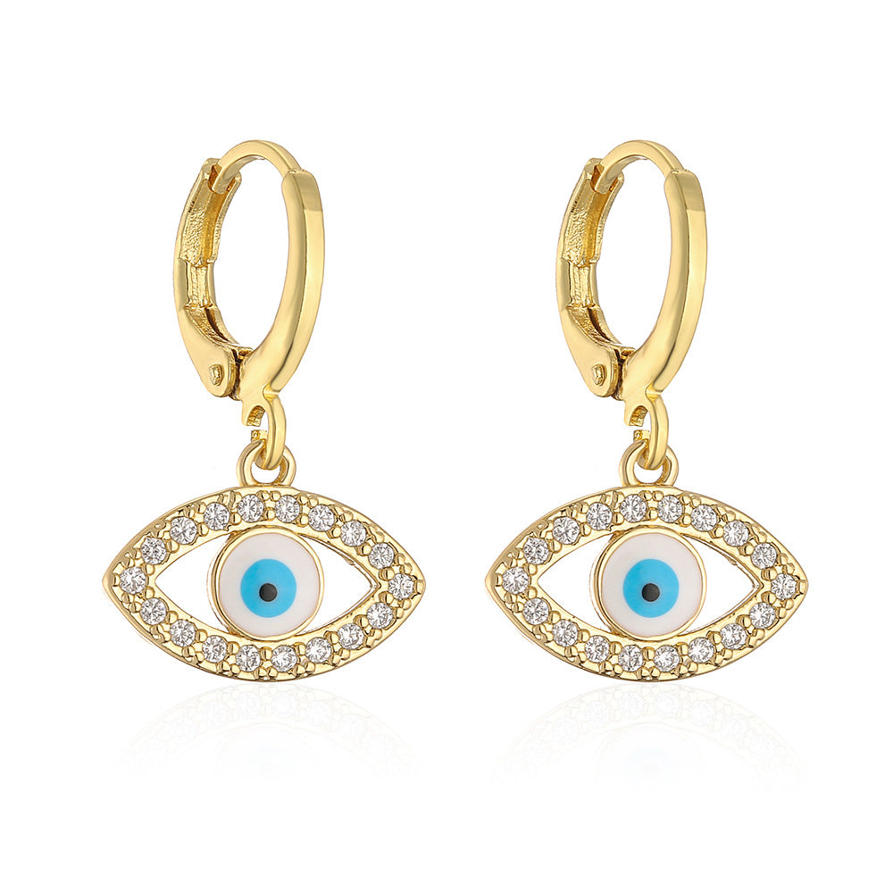 Minimalist Geometric Evil Eye Zircon Earrings for Women with Copper Base and 18K Gold Plating