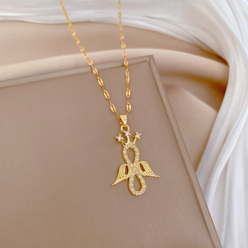 Elegant Angel-Shaped Geometric Pendant Necklace for Women and Men with Full Rhinestone Inlay on Titanium Steel Chain