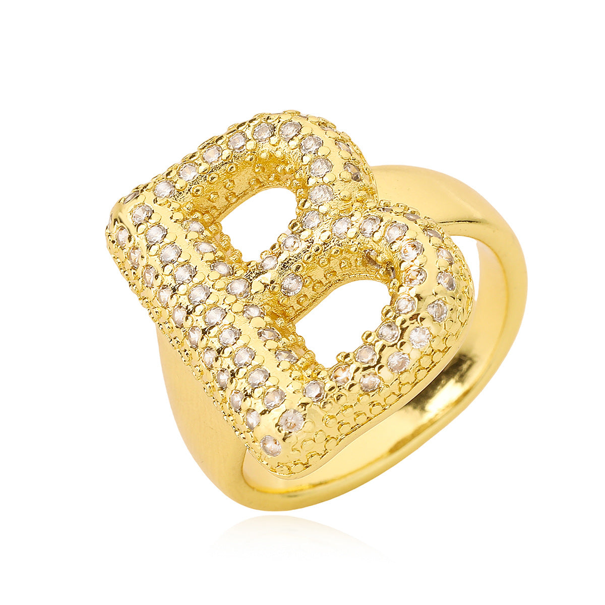 Minimalist Geometric Letter Zirconia Ring for Women in Copper with Gold Plating and Micro-Pavé Setting