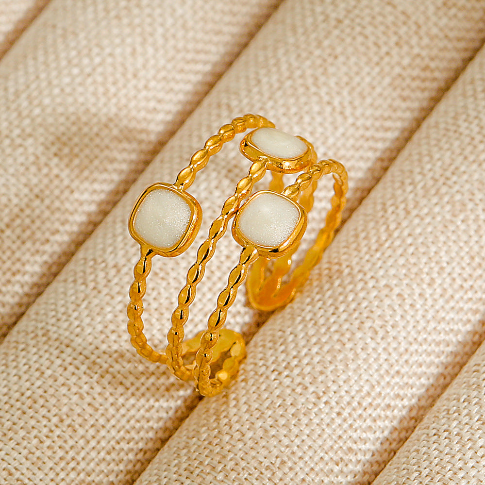 Vintage INS Style Stainless Steel Adjustable Ring with Natural Stone Inlay in Geometric Heart Zodiac and Animal Shapes