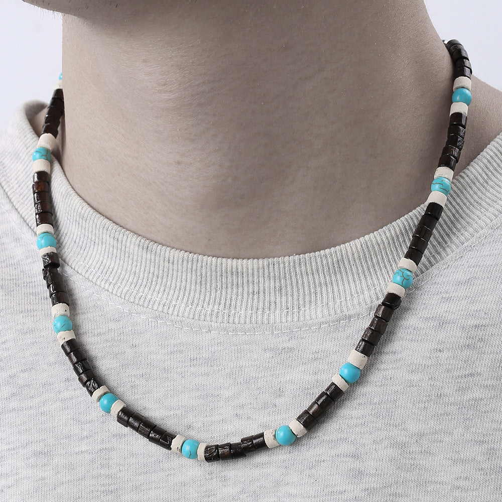 Streetwear Geometric Handmade Stainless Steel Wood Coconut Shell Turquoise Ball Chain Necklace for Unisex