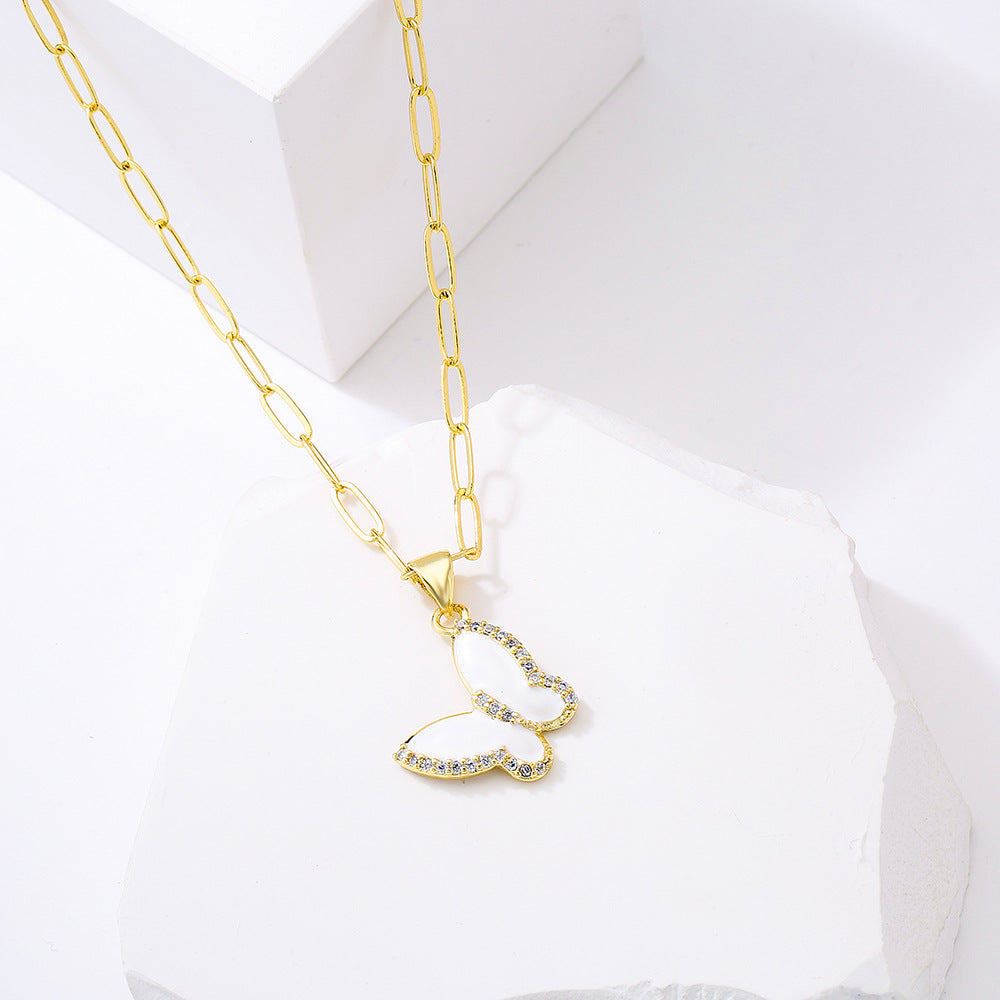 Minimalist Butterfly and Dragonfly Pendant Necklace for Women with Copper Base Plated in 18K Gold and Zircon Inlay