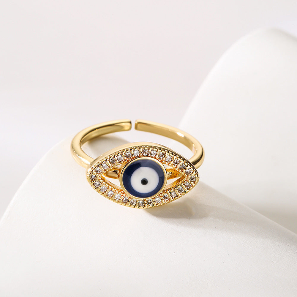 Fashion Geometric Open Ring for Women with Enamel Finish and Zircon Inlay in Copper Plated with Real Gold