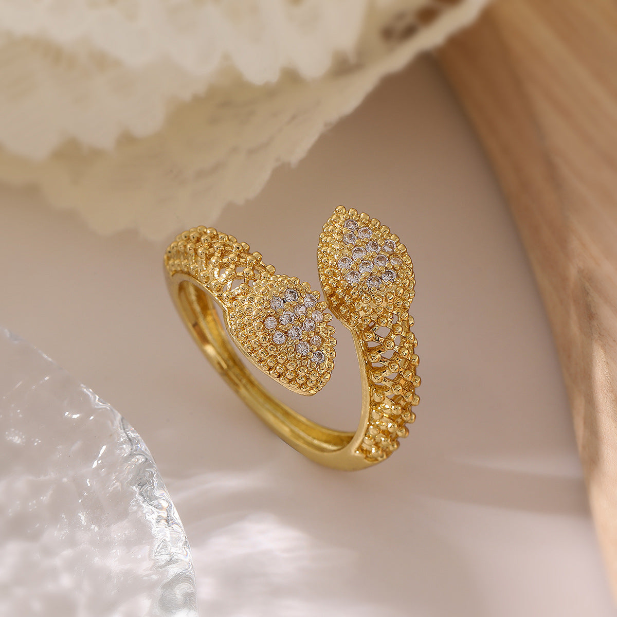 Minimalist Geometric Snake-Shaped Copper Ring with Real Gold Plating and Zircon Inlay for Women