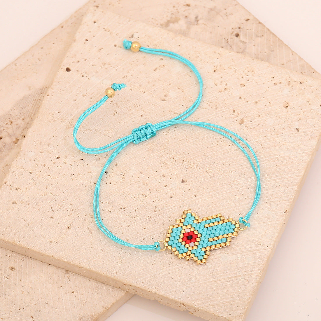 Handmade Woven Glass Beaded Palm Bracelet with Evil Eye Charm for Women