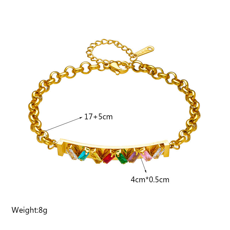 Vintage Fashionable Colorful Transparent Rhinestone-Embellished Bar-Shaped Titanium Steel Bracelet with Plated Finish