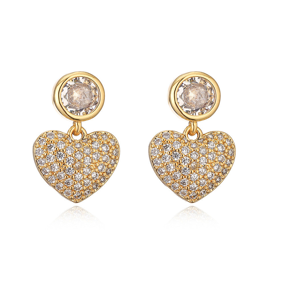 Minimalist Heart-Shaped Copper Earrings with 18K Gold Plating and Zircon Accents for Women