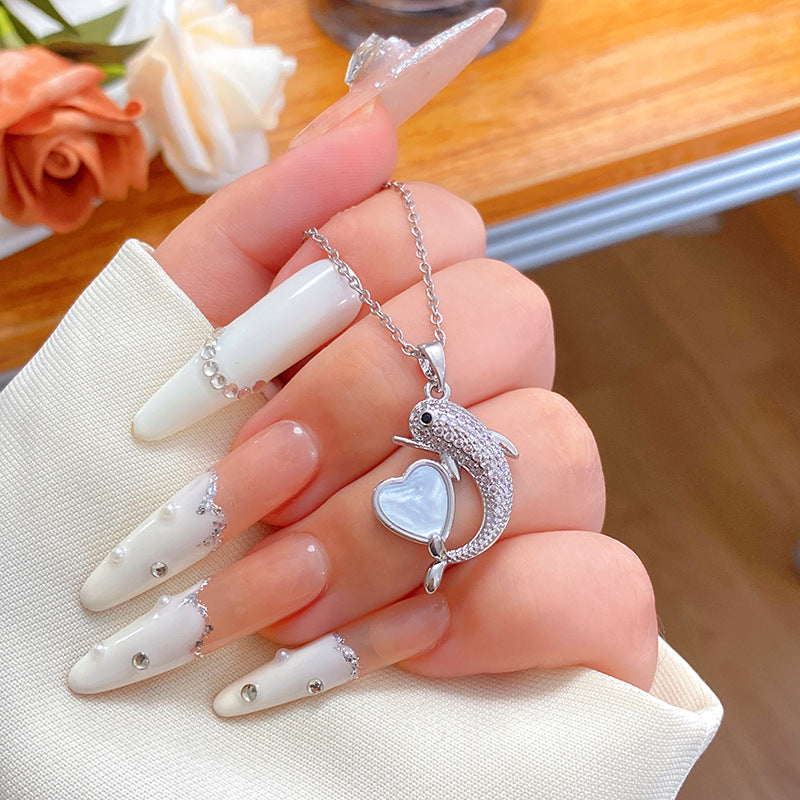 Minimalist Sweet Blue Cubic Zirconia Paved Dolphin Pendant Titanium Steel Plated Necklace for Unisex